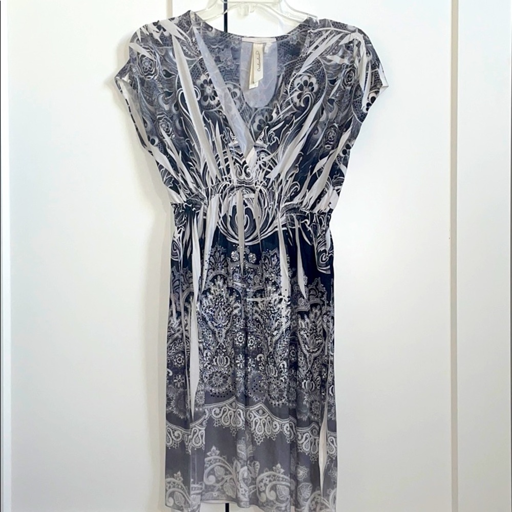 Gray and White V-Neck Dress